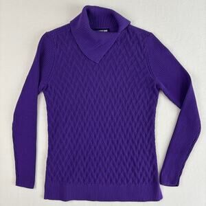 Lands' End 100% Cotton Cable Knit Split Turtleneck Sweater Women's Small Purple